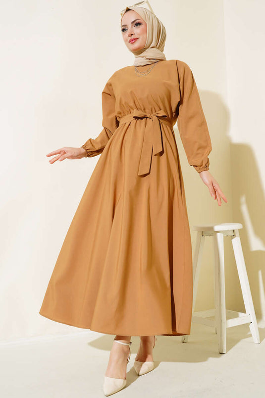 Robe Basique en Terikoton avec Ceinture Élastique Camel