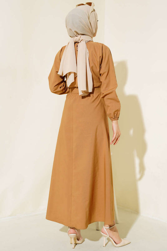 Belted Basic Terikoton Dress Camel