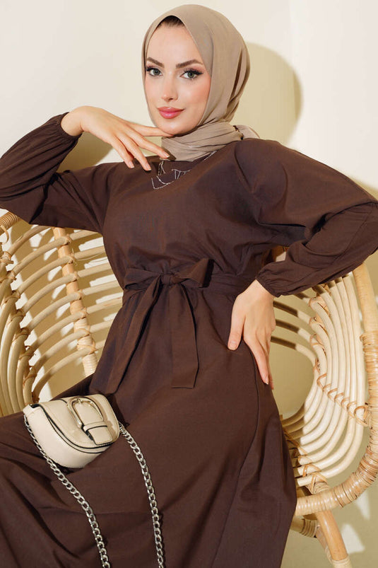 Belted Basic Terikoton Dress Brown