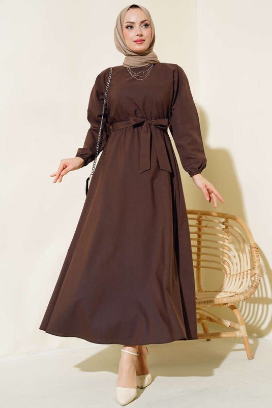 Belted Basic Terikoton Dress Brown