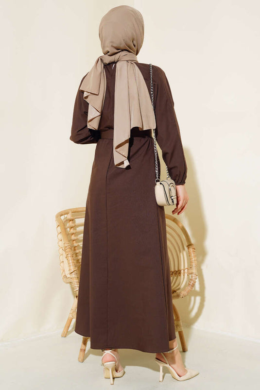 Belted Basic Terikoton Dress Brown