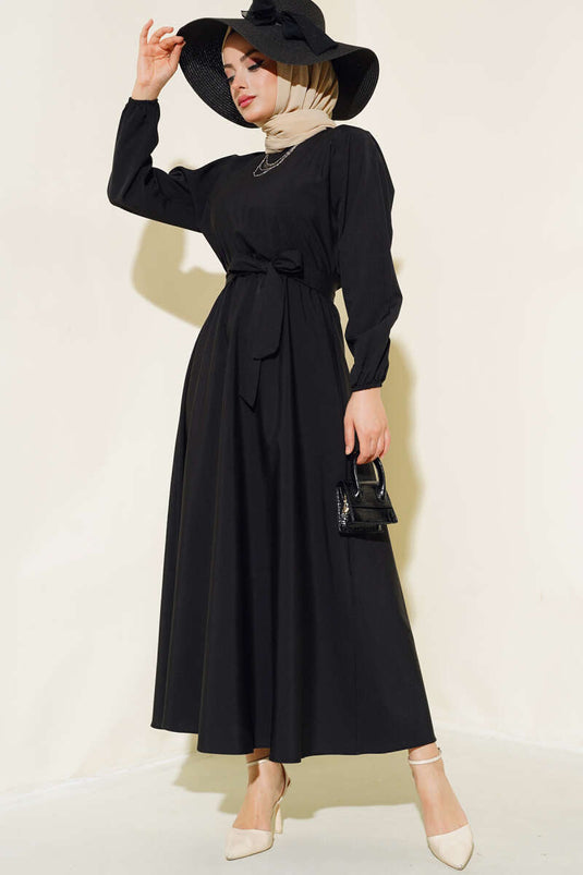 Robe Basique en Terikoton Noir avec Ceinture Élastique