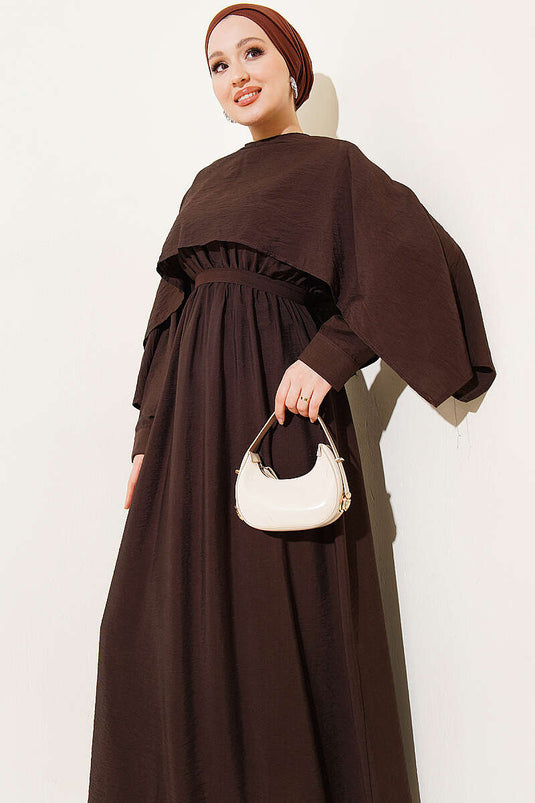 Belted Dress with Elastic Waist and Shoulder Cape Brown