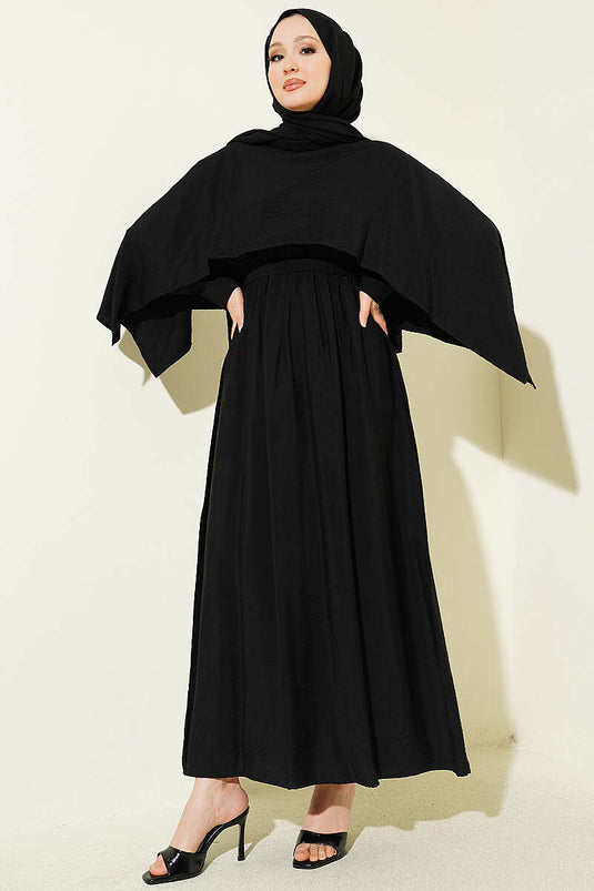 Belted Elastic Waist Shoulder Cape Dress Black
