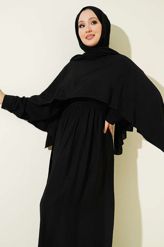 Belted Elastic Waist Shoulder Cape Dress Black
