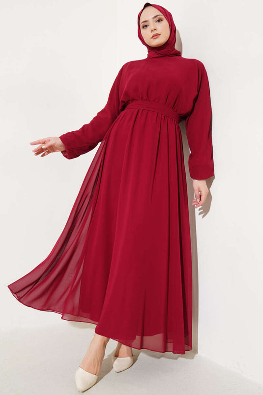 Robe En Tulle Ceinturée Taille Élastique Rouge Claret