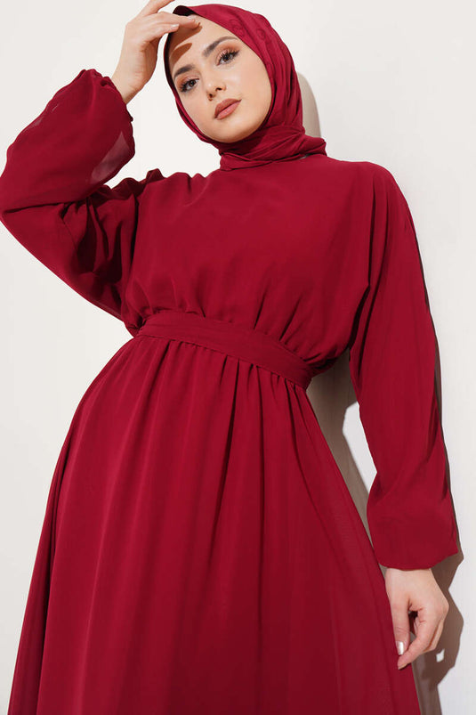 Robe En Tulle Ceinturée Taille Élastique Rouge Claret