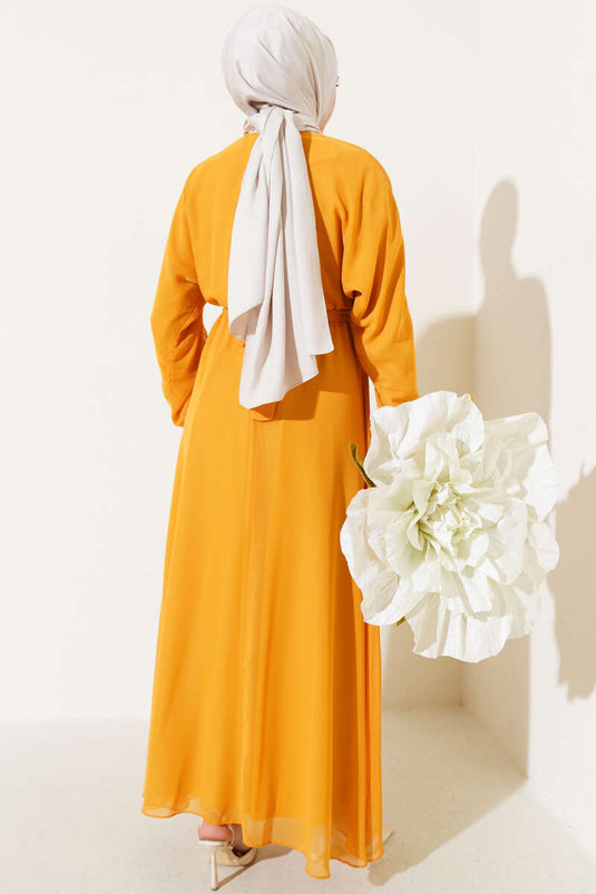 Bel Lastikli Kuşaklı Tül Elbise Hardal