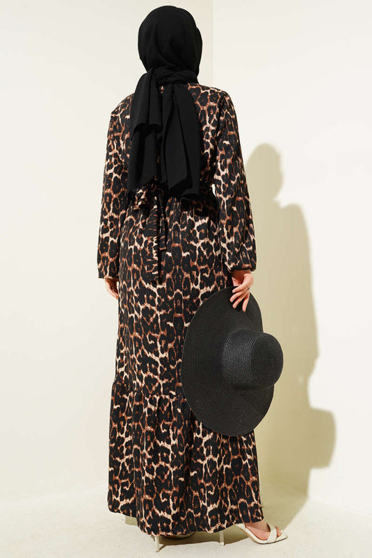 Bel Lastikli Leopar Desen Bürümcük Elbise Leopar
