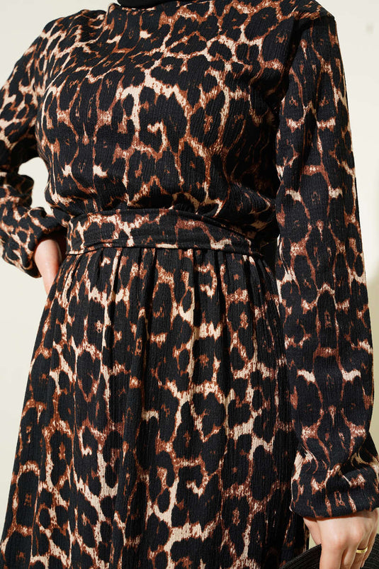 Bel Lastikli Leopar Desen Bürümcük Elbise Leopar