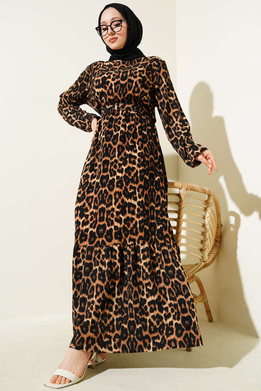 Bel Lastikli Leopar Desen Volanlı Bürümcük Elbise Leopar