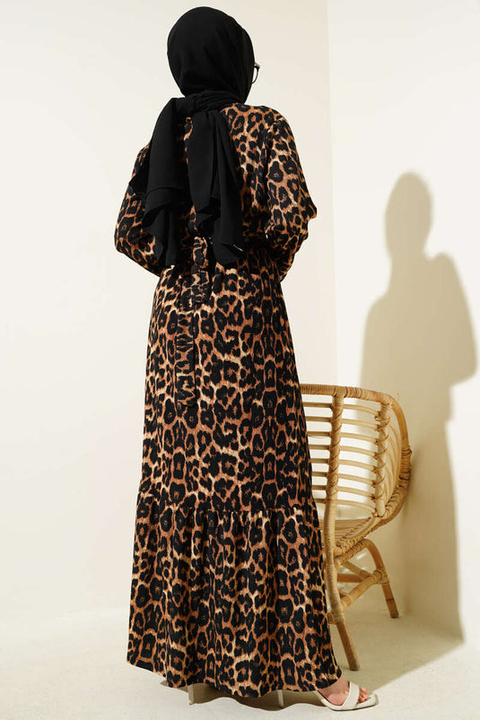 Bel Lastikli Leopar Desen Volanlı Bürümcük Elbise Leopar