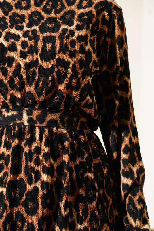 Bel Lastikli Leopar Desen Volanlı Bürümcük Elbise Leopar