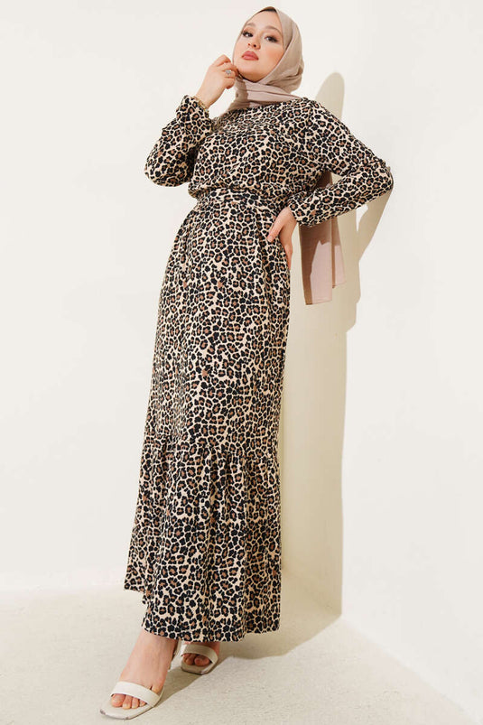 Robe en crêpe à imprimé léopard et taille élastique