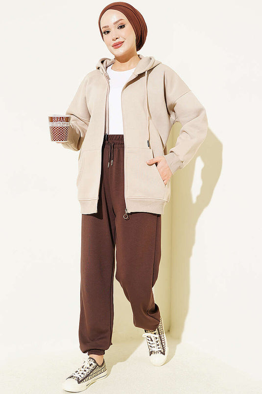 Bruine Lastikli Lounge Broek