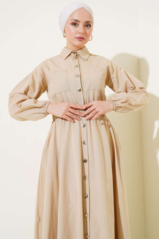 Beige Dress with Elastic Waist and Metal Buttons