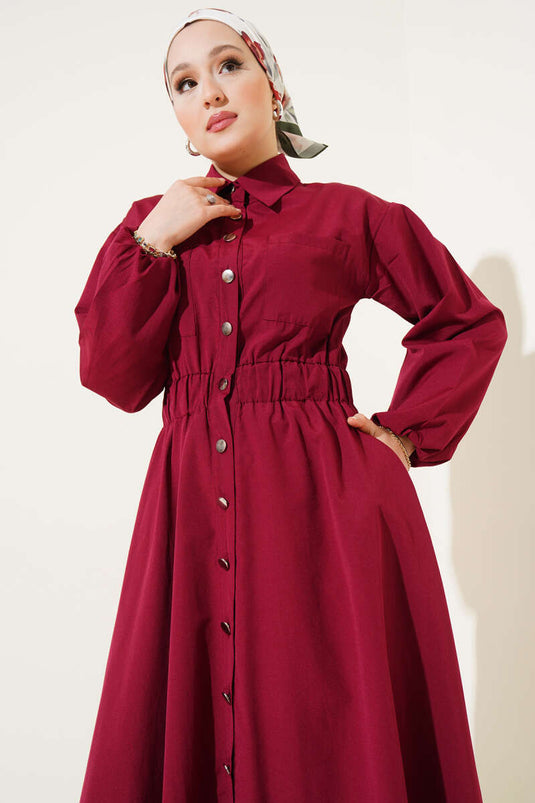 Elastic Waist Metal Button Dress Burgundy