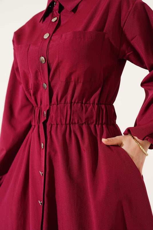 Elastic Waist Metal Button Dress Burgundy