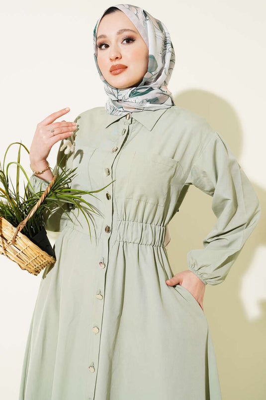 Dress with Bell Sleeves and Metal Buttons, Olive Green