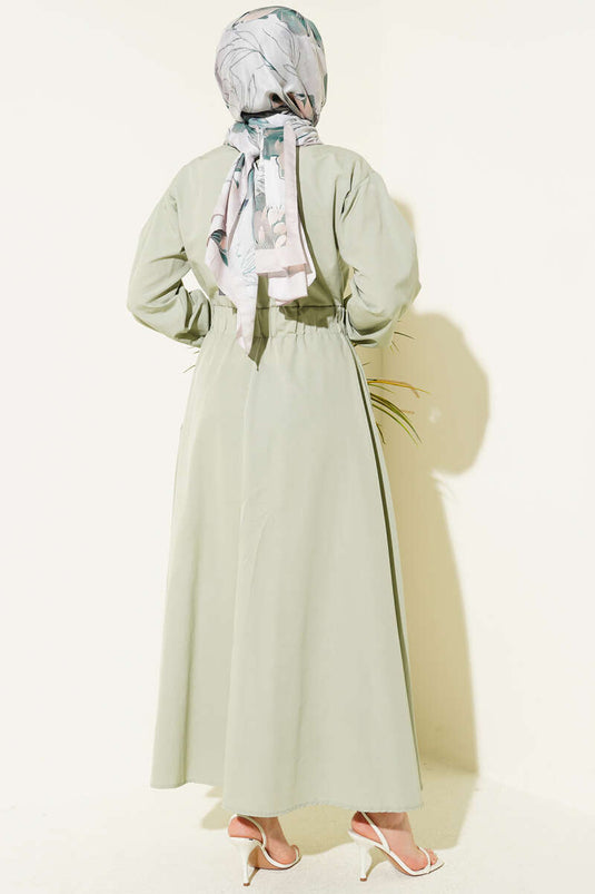 Dress with Bell Sleeves and Metal Buttons, Olive Green