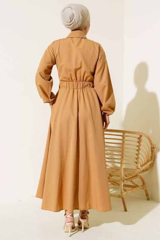 Dress with Bell Sleeves and Metal Buttons Camel