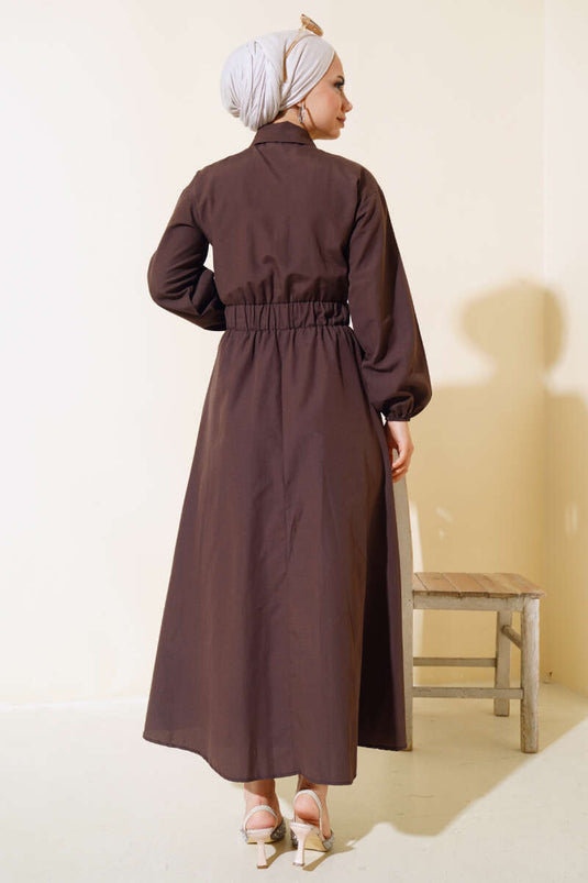 Robe Boutons En Métal Taille Élastique Marron