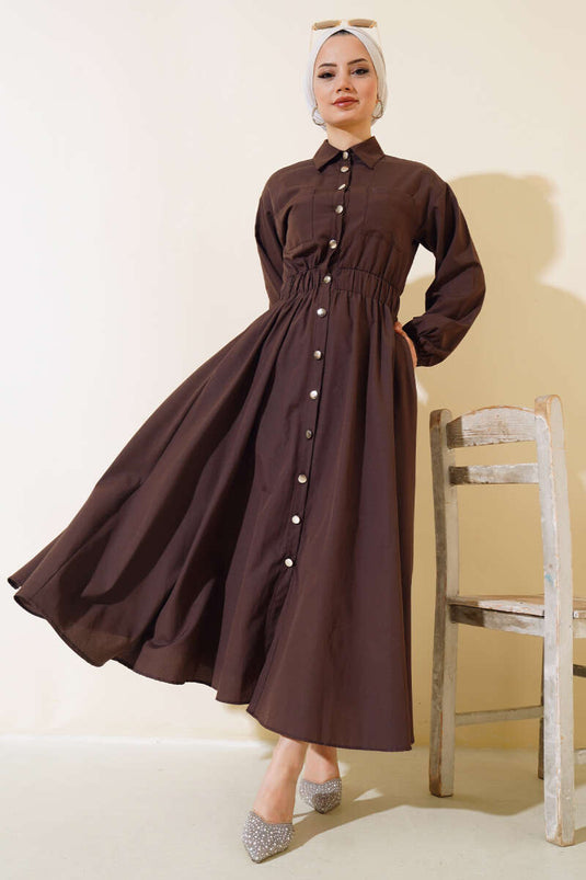 Robe Boutons En Métal Taille Élastique Marron