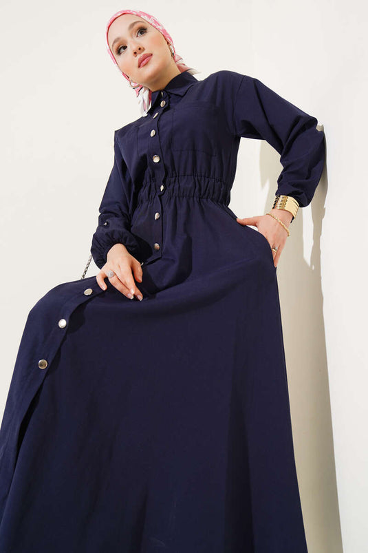 Elastic Waist Metal Button Dress Navy Blue