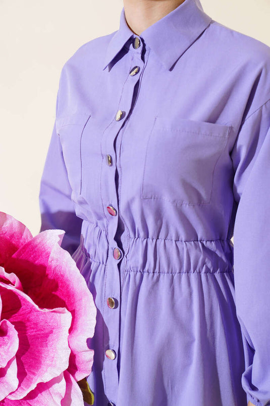 Bel Lastikli Metal Düğmeli Elbise Lila