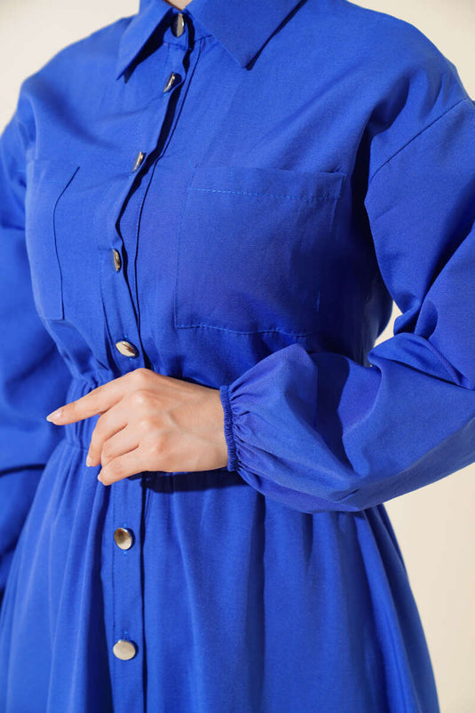 Elastic Waist Metal Button Dress in Saxe