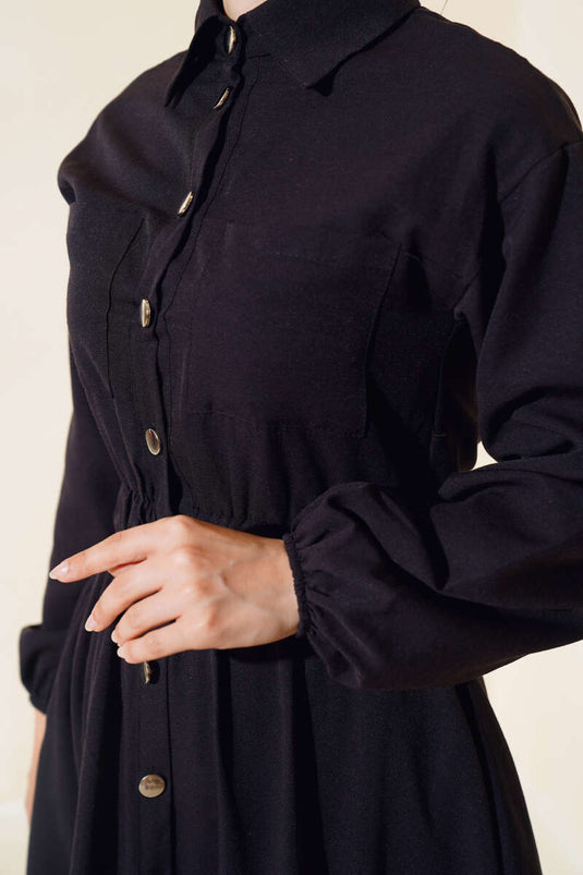 Bel Lastikli Metal Düğmeli Elbise Siyah