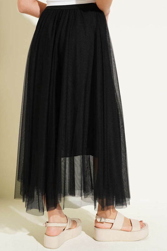 Jupe midi en tulle noir à taille élastique