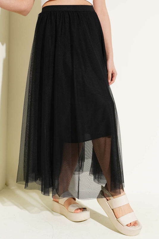 Jupe midi en tulle noir à taille élastique