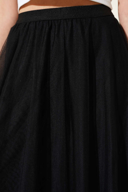Jupe midi en tulle noir à taille élastique