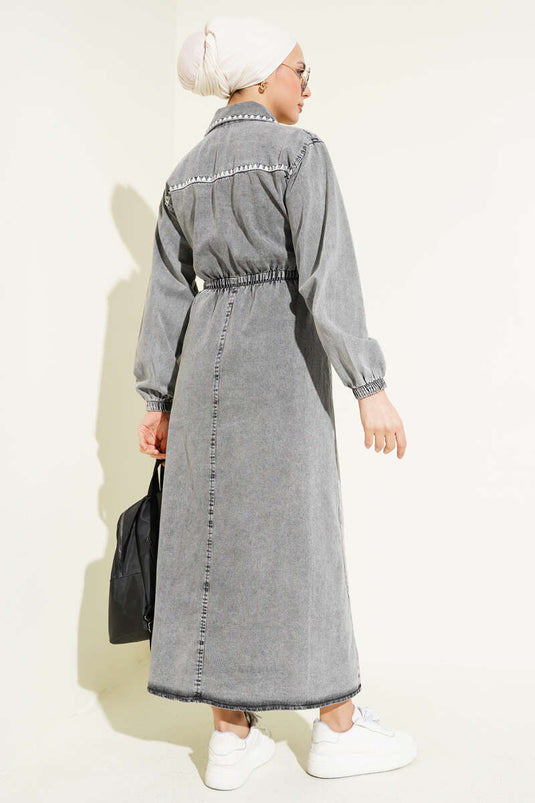 Robe en jean à taille élastique et coutures en mousse Gris