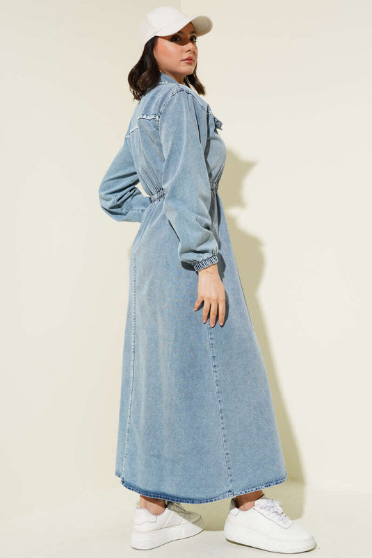 Robe en jean à taille élastique et surpiqûres de moules Bleu denim