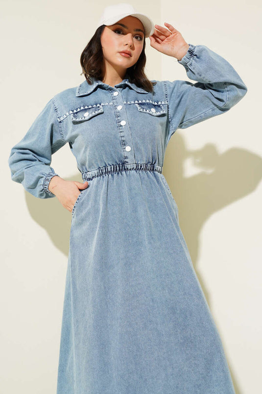 Robe en jean à taille élastique et surpiqûres de moules Bleu denim