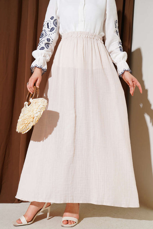 Elastic Waist Muslin Skirt Beige