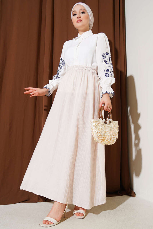 Elastic Waist Muslin Skirt Beige