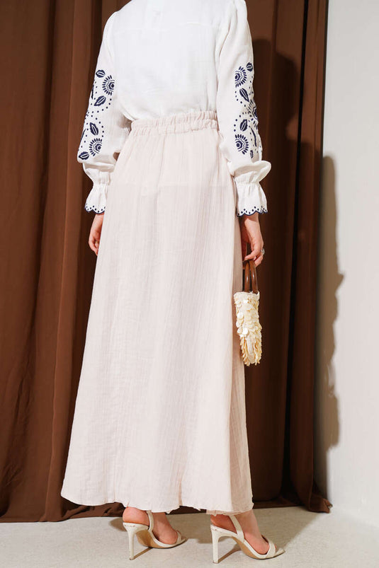 Elastic Waist Muslin Skirt Beige