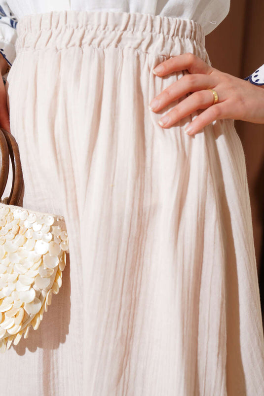 Elastic Waist Muslin Skirt Beige