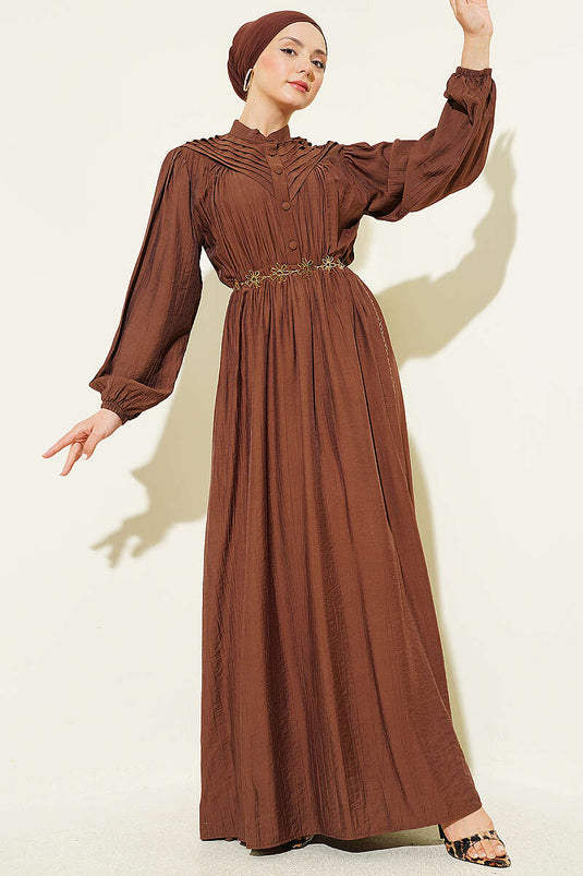 Ribbed Dress with Elastic Waistband Brown