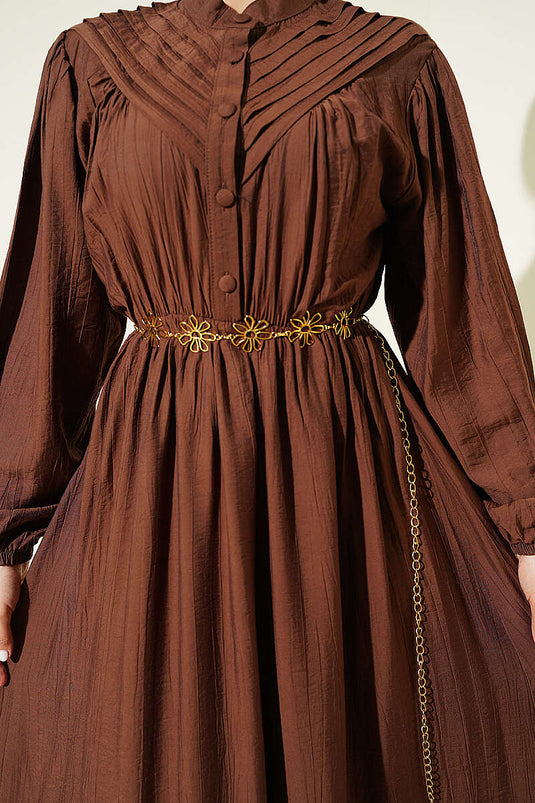 Ribbed Dress with Elastic Waistband Brown