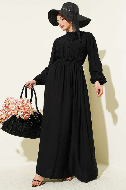 Black Ribbed Dress with Elastic Waistband