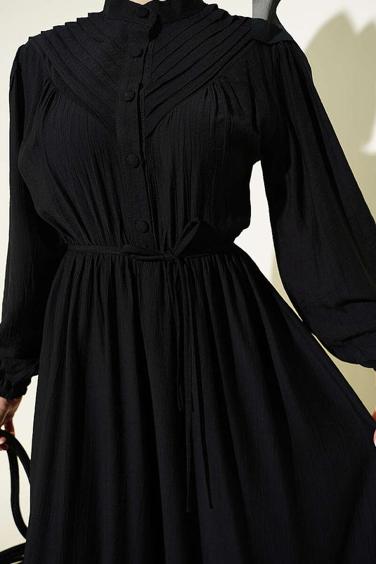 Black Ribbed Dress with Elastic Waistband