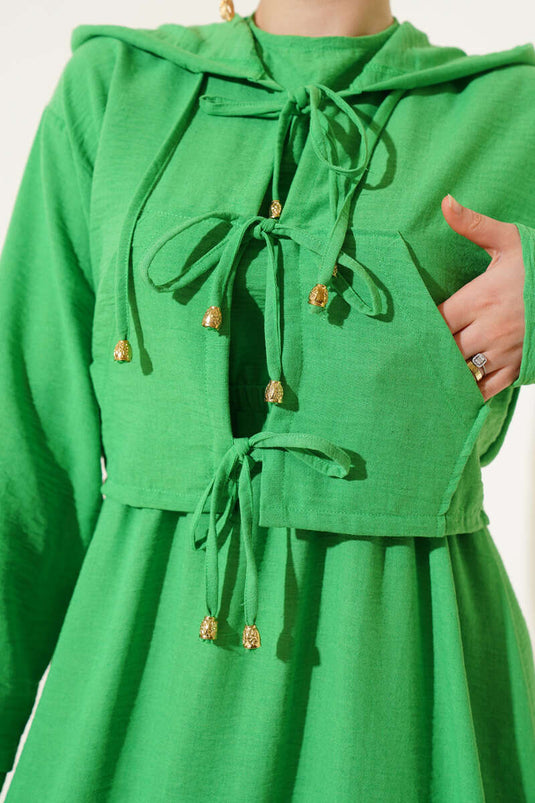 Ensemble veste à ceinture nouée devant avec élastique aux poignets, vert