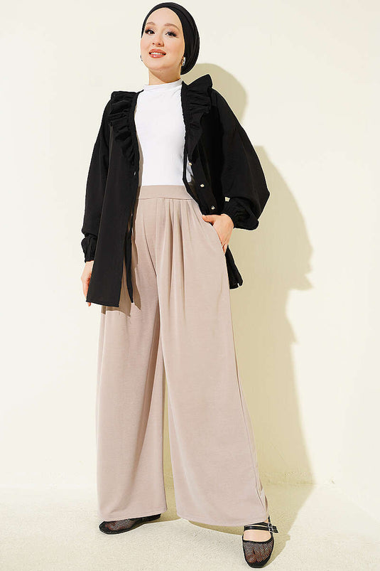 Beige Hochtaillierte Faltenhose Mit Elastik