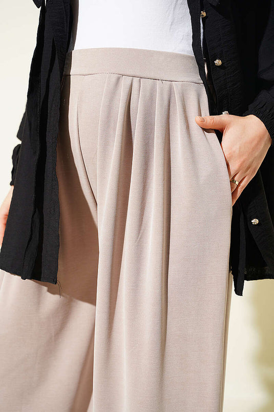 Beige Hochtaillierte Faltenhose Mit Elastik