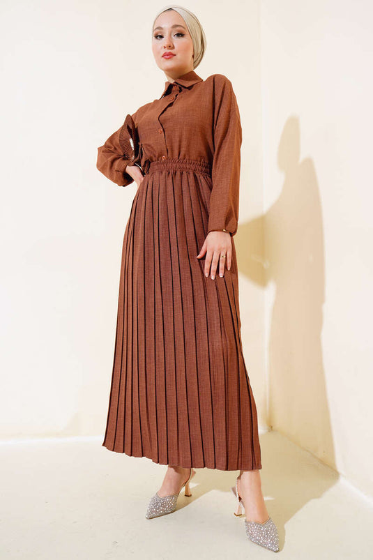 Jupe Plissée Taille Élastique Marron