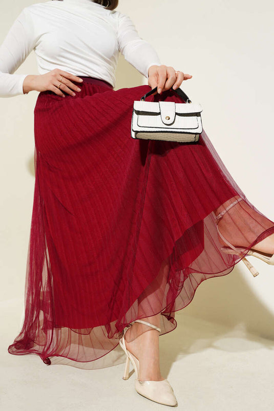 Jupe en tulle plissée à volants et taille élastiquée, couleur bordeaux